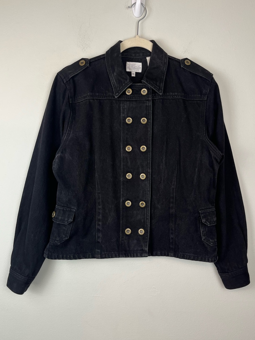 Vintage Willi Smith Double Breasted Black Jean Military Style Jacket M Grunge